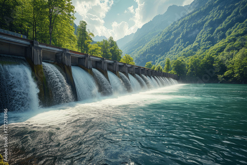 Scenic Hydroelectric Dam in Lush Mountain Setting A hydroelectric dam releases torrents of water in a verdant mountainous landscape, showcasing sustainable energy production in harmony with nature. 