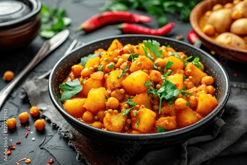 Vegan potato chickpea curry. Healthy vegetarian food concept.