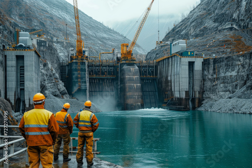 Workers Overlooking Hydroelectric Dam Construction
Construction workers in high visibility clothing inspect the progress of a hydroelectric dam project in a rocky mountainous area.
