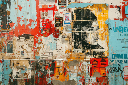 Textured Collage Wall with Torn Posters and Paint An intricate wall collage made of torn posters, splattered paint, and stenciled faces, creating a textured urban tapestry. 
