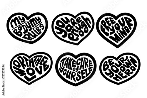Selflove black groovy lettering in hearts shape