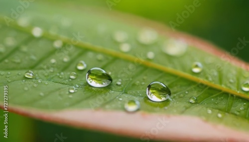 Water droplets on a green leaf reflecting the environment
