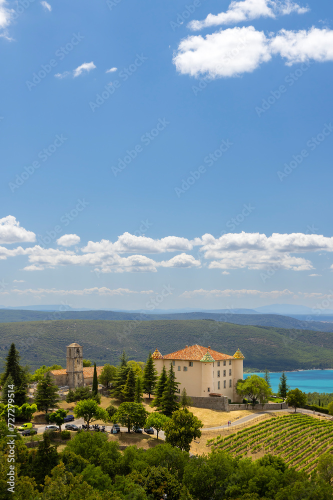 Typical Provencal town Aiguines with Lac de Sainte-Croix, Verdon Natural Park, Alpes-de-Haute-Provence, Provence, France