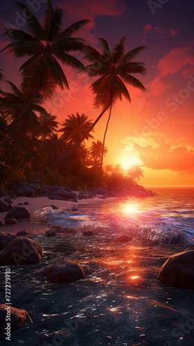 Overhead shot showcasing the splendor of a serene island chain during sunset, with palm trees silhouetted against the fiery sky, creating a magical and captivating scene. 