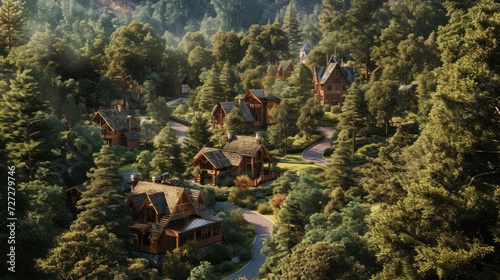 Overhead depiction of a forested cottage community, cabins nestled among trees, winding trails, natural beauty, detailed and picturesque illustration 