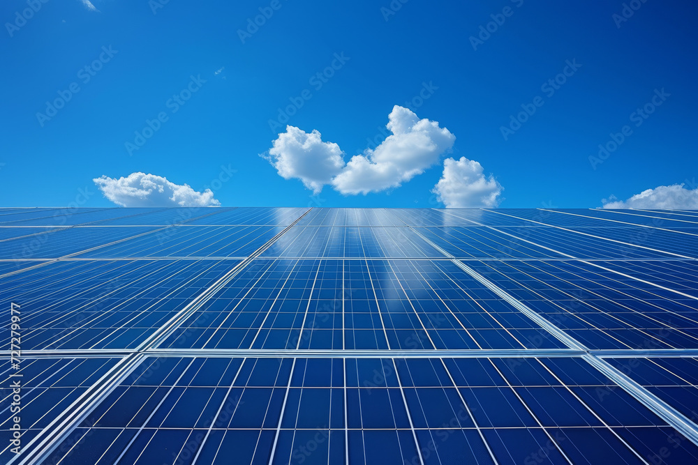 Solar Panels with Clouds and Blue Sky Above
Solar energy panels stretch out towards the horizon under a clear blue sky with a few scattered clouds, depicting renewable energy.
