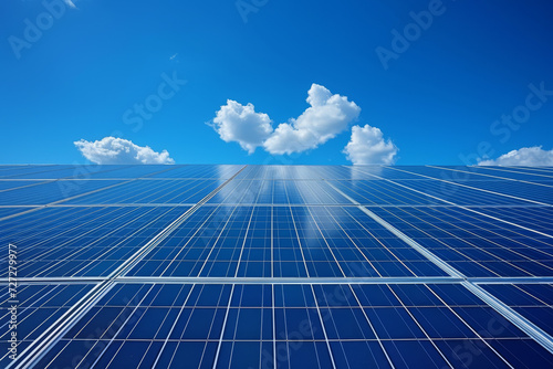 Solar Panels with Clouds and Blue Sky Above Solar energy panels stretch out towards the horizon under a clear blue sky with a few scattered clouds, depicting renewable energy. 