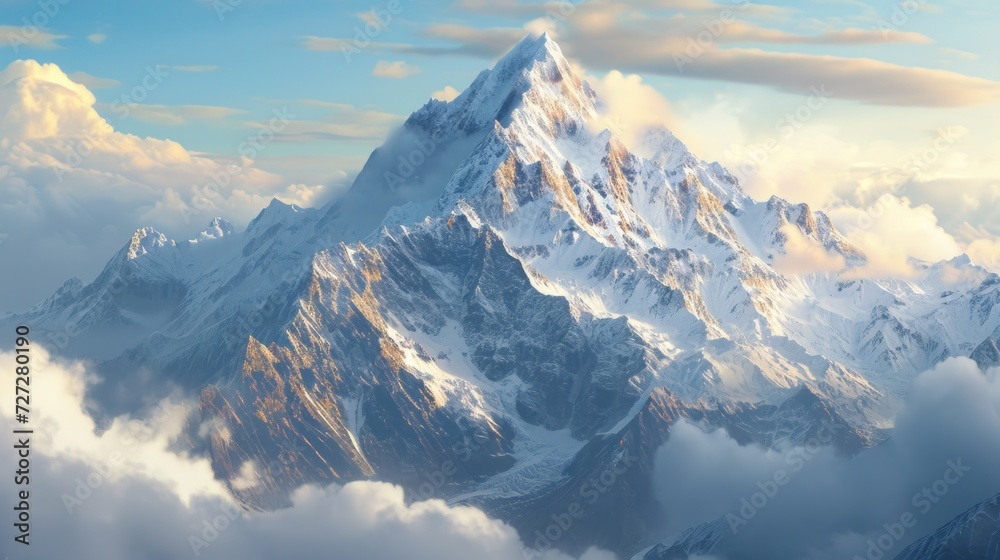 Panoramic view of towering snow-covered peaks framed by billowing clouds, sunlight casting dramatic shadows 