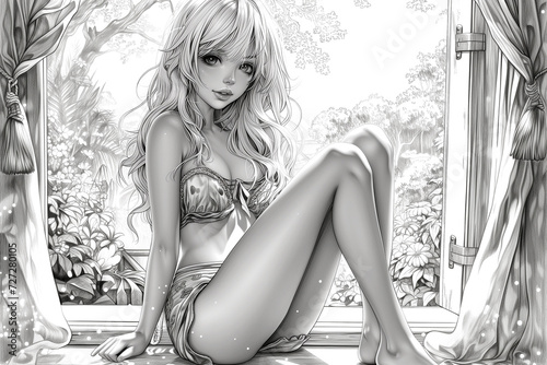 Beautiful woman in lingerie. Romance, passion, lifestyle concept. Picture for adults and children's coloring books.