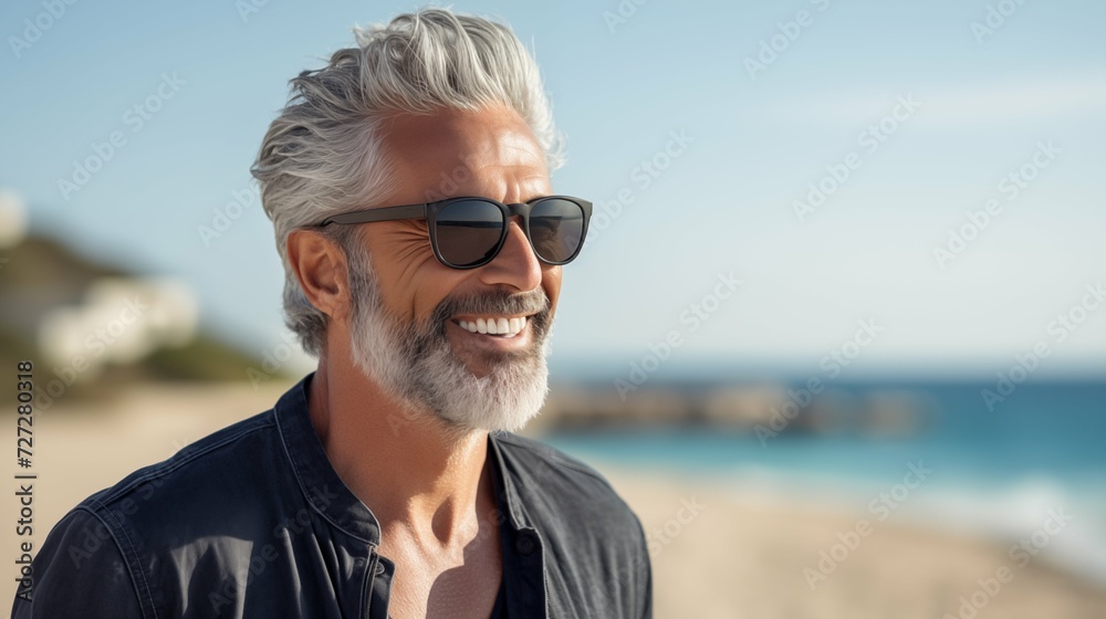 Beautiful 60s aged man with gray hair in sunglasses enjoying walk along beach