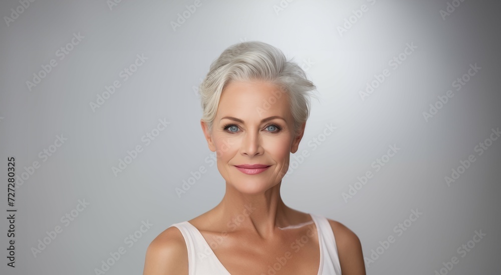 Beautiful 50s mid aged mature woman on blurred background. skin care beauty, skincare cosmetics concept Beautiful 50s mid aged mature woman on blurred background. skin care beauty, skincare cosmetics concept