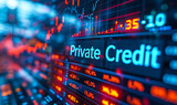 Dynamic business stock market display showcasing Private Credit in bright neon lights, reflecting financial data, investment trends, and private lending industry