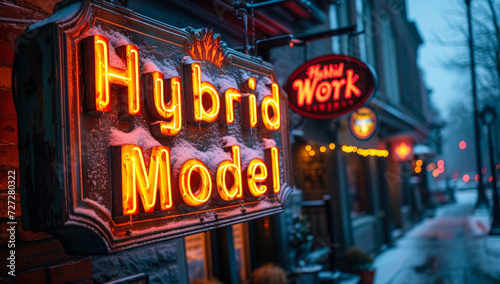 Illuminated neon sign 'Hybrid Work Model' against a snowy backdrop in an urban setting, symbolizing the modern approach to flexible work environments