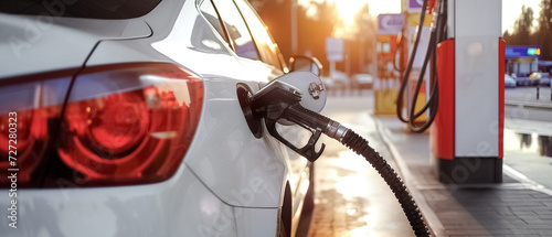 Car filling up with gas at a gas station, white car, sunset light, technology energy environment, pollution eco-friendly, car at the gas station, Fuel dispenser, ultra wide 21:9 background banner