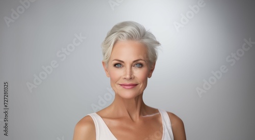 Beautiful 50s mid aged mature woman on blurred background. skin care beauty, skincare cosmetics concept