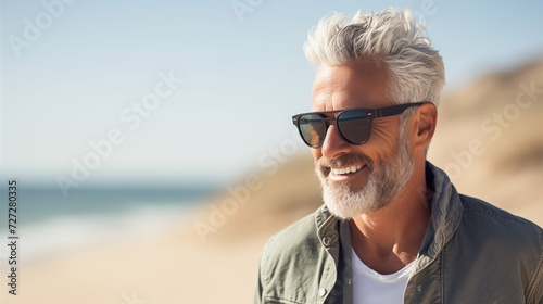 Beautiful 60s aged man with gray hair in sunglasses enjoying walk along beach