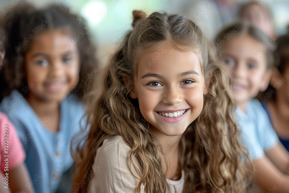 Happy group of pupils during during class elementary school lessons. Schoolgirl is smiling and looking at camera. Generative AI