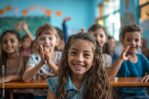 Happy group of pupils during during class elementary school lessons. Schoolgirl is smiling and looking at camera. Generative AI