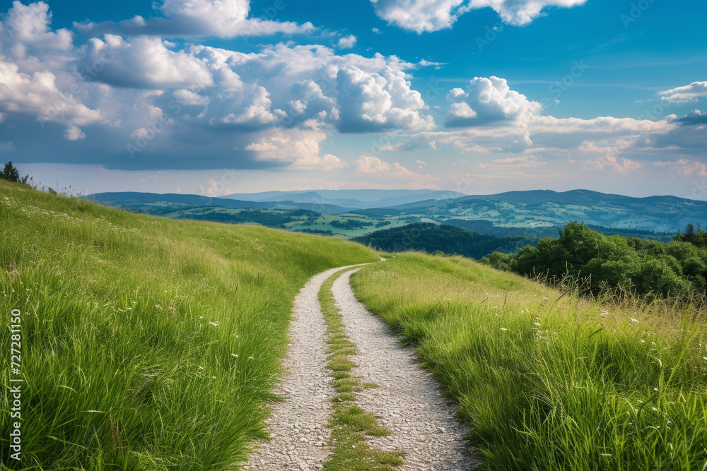 Scenic Pathway Through Rolling Green Hills
A tranquil gravel path meanders through lush green hills under a sky filled with cumulus clouds, offering a sense of peace and adventure.
