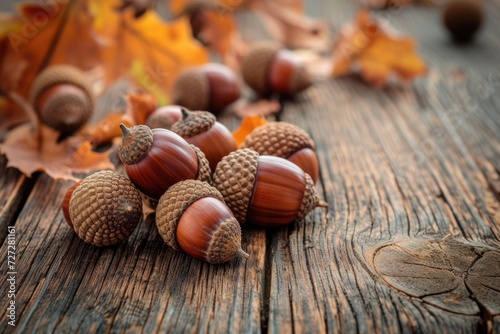 Macro acorns on the wooden table botanical element