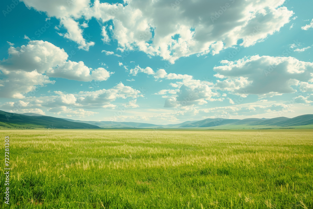 Expansive Green Field Under Cloudy Blue Sky
A serene, wide-open green field with a vibrant blue sky dotted with fluffy white clouds, rolling hills in the distance.
