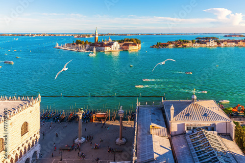 Venice panorama from the Campanile, Roofs of the dome and San Giorgio Maggiore island, Italy