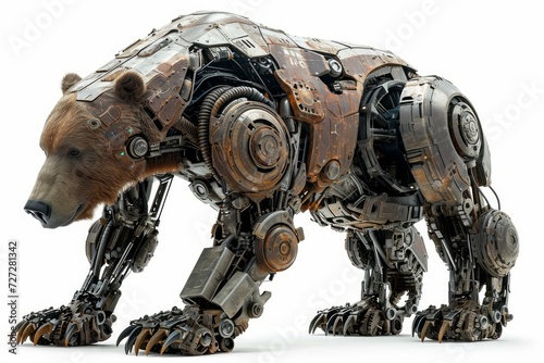 Photo concept of a robotically modified grizzly bear, featuring cybernetic enhancements and mechanical limbs, set against a clean white background 