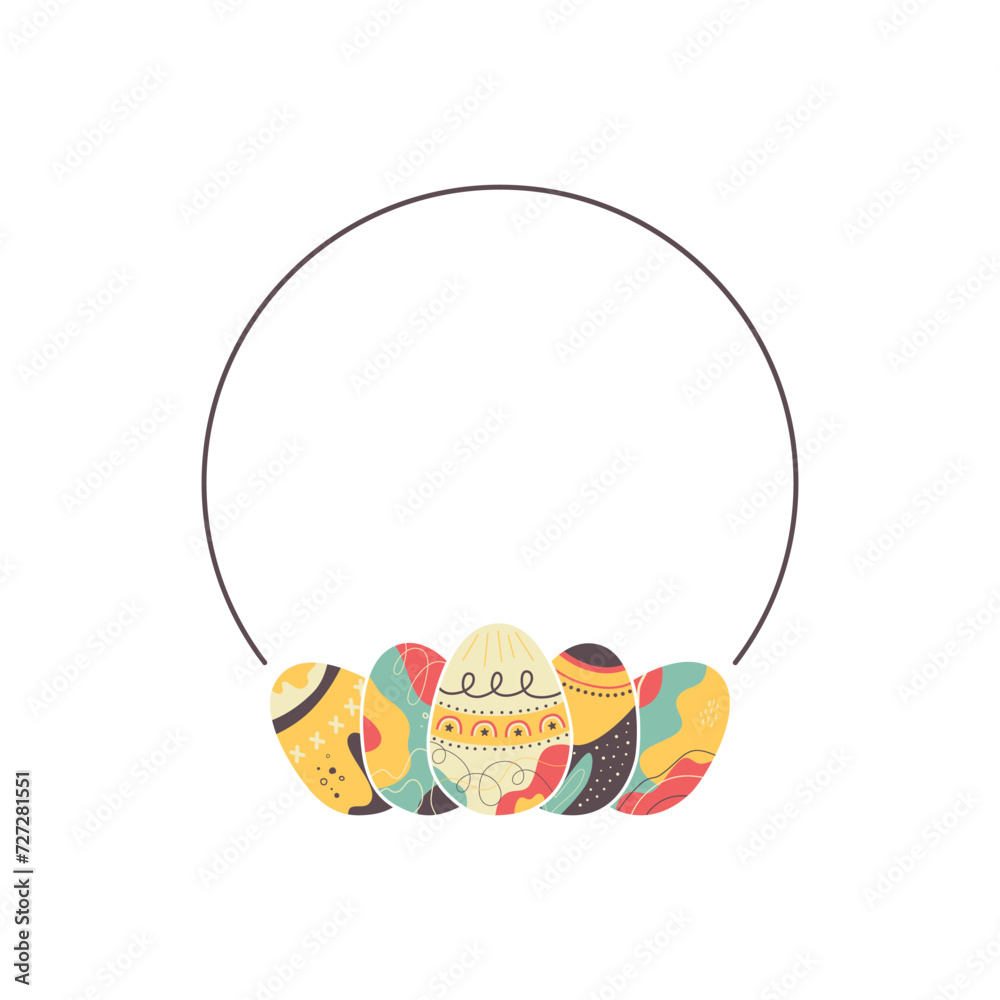 Fototapeta premium Easter egg round frame design. Easter holiday egg hunt border with space for text in colorful flat style with ornaments. Retro wreath. Stock vector illustration card