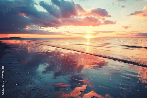 Sunrise and Cloud Reflections on Beach Shore 