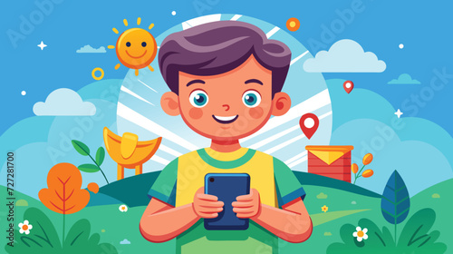 Young Boy Using Smartphone on Sunny Day in Park