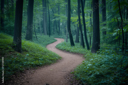Meandering Trail in a Misty Green Forest 