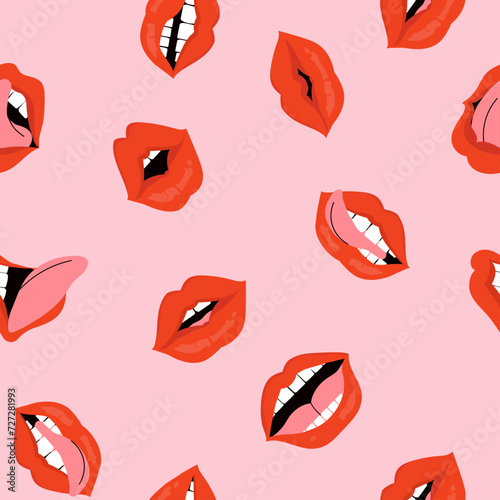 Seamless pattern with sexy female lips with  red lipstick. Red pink aesthetic girlish background. Gestures collection expressing different emotions.