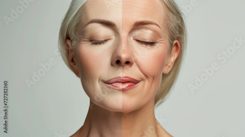 close-up of a woman's face showing a comparison between youthful skin on one side and aged skin with wrinkles on the other, against a neutral background