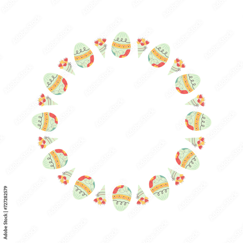 Easter egg round frame design. Easter holiday egg hunt border in colorful flat style with ornaments. Retro wreath. Stock vector illustration card isolated on white background Easter egg round frame design. Easter holiday egg hunt border in colorful flat style with ornaments. Retro wreath. Stock vector illustration card isolated on white background