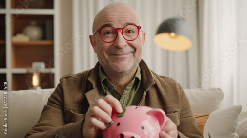 cheerful middle-aged man with glasses, inserting a coin into a pink piggy bank, symbolizing savings or investment, in a cozy home setting