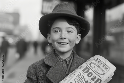 Classic Vintage Newsboy Holding a Newspaper.
Black and white image of a young newsboy from a bygone era, holding up a newspaper with pride.