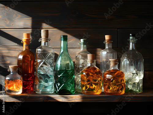 Bottles and glasses line a ledge