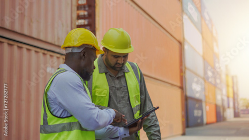 Two workers in safety suits and hard hats use tablets together in a container yard. Business of importing and exporting goods by boat Logistics transportation business teamwork concept