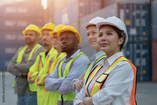 A group of construction workers wearing safety gear and vests stand in a line. They are all wearing hard hats and safety glasses