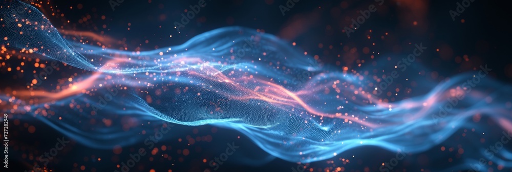 Big data analysis abstract background with glowing lines representing data rivers in motion.