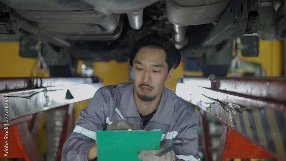 The mechanic walks under the raised car and the maintenance technician inspects the car and performs diagnostic repairs..