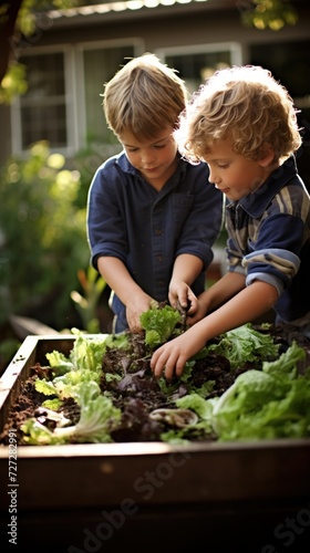 Children emptying kitchen waste in to a compost bin. Environmentally friendly lifestyle. compost out of composter, farmer lifestyle. Ecology protection and reduce pollution concept