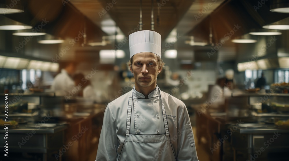 Portrait of a male chef in a bustling kitchen, multitasking, overseeing cooking activities, professional environment Portrait of a male chef in a bustling kitchen, multitasking, overseeing cooking activities, professional environment