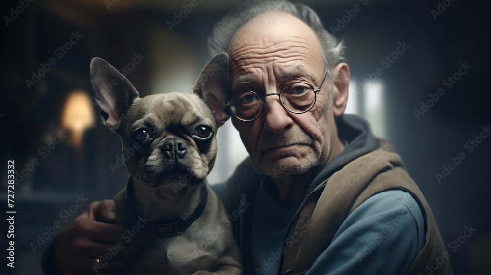 Portrait of a veterinarian with a senior dog, caring and empathetic, clinic background with pet beds visible Generative AI
