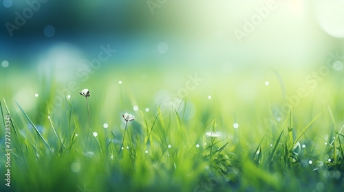 Beautiful gentle spring landscape, dew on grass on natural background. spring background with some wild flowers