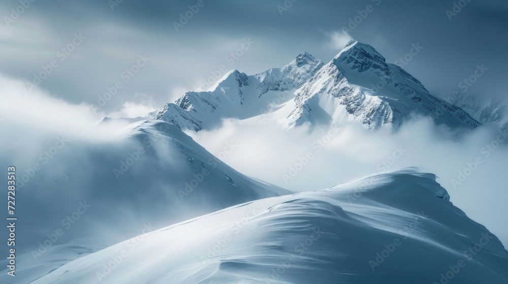 Pristine mountain scenery with powdered peaks, floating clouds casting shadows, and the sun glistening on the snow, a tranquil and picturesque alpine view, Pristine mountain scenery with powdered peaks, floating clouds casting shadows, and the sun glistening on the snow, a tranquil and picturesque alpine view,