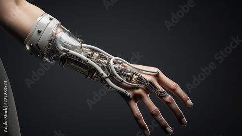 A futuristic depiction of a person with a bionic arm that seamlessly integrates into their natural anatomy, exhibiting advanced functionality and sleek design. Generative AI