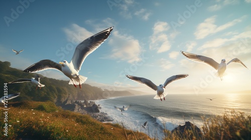 Flying Seagulls Illustration - 8K 4K Photorealistic Art  