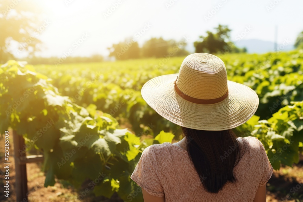 woman farmer walking on field. Back view portrait of young woman walking across field, wearing straw hat