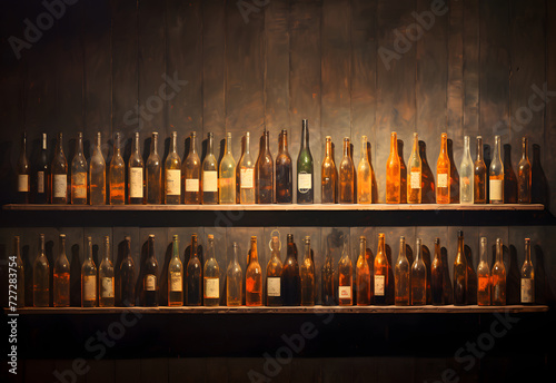 bottles of wine lined up against wooden shelves